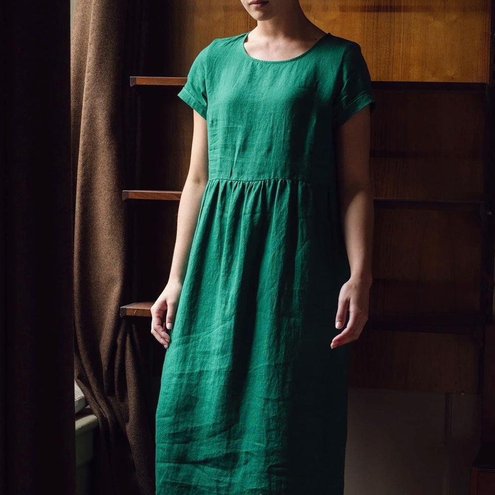 Linen Emerald Midi Dress with empire waist- pyne & smith - Picture 3 of 3